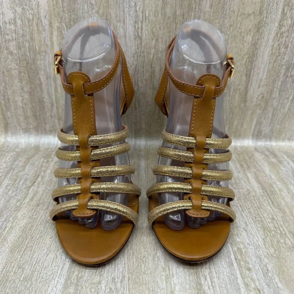 Tory‎ Burch Charlene Gold Ankle Strap Gladiator High Heels Sandals 8.5 Pumps